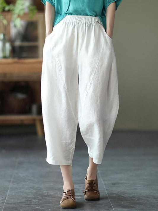 Art Loose Patchwork Solid Color Cotton Linen Elastic Waist Haren Pants
